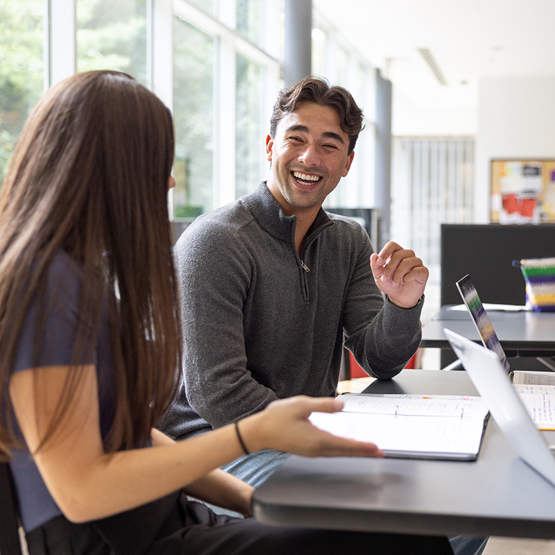 Two people sitting at a table with open notebooks and laptops, engaged in discussion in a bright indoor space with large windows